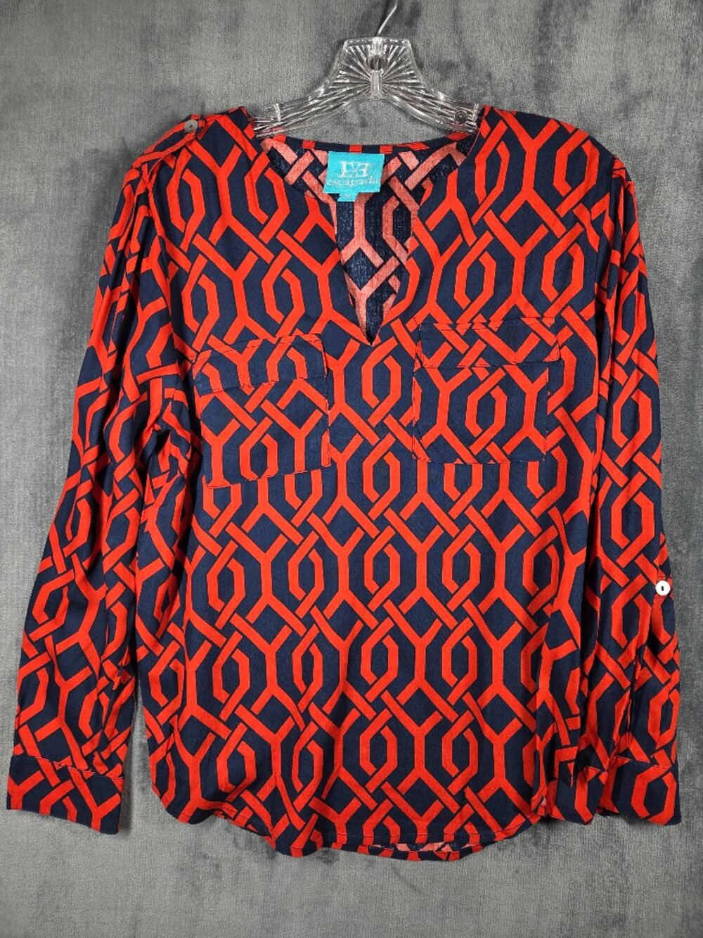 Escapada Women's Top Shirt Blouse Navy Red Geometric L/S Size M
